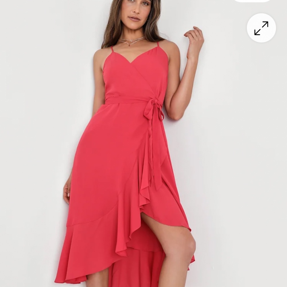 Lulus Manhattan Moment Berry Pink Midi Ruffled Wrap Dress
